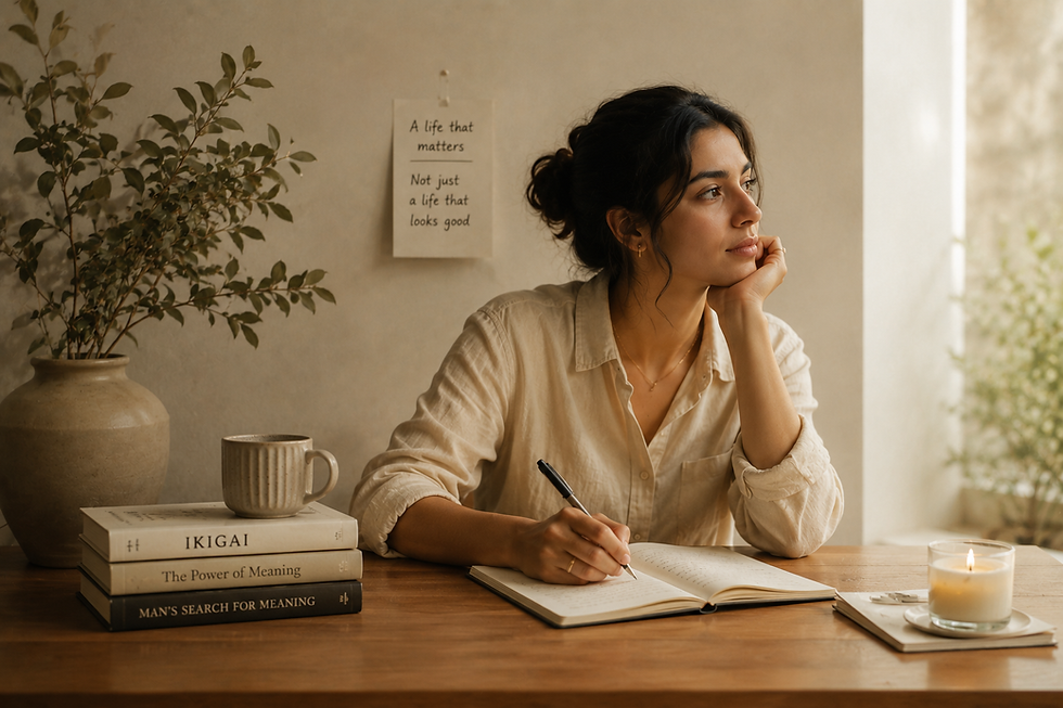 Warm lifestyle image of a woman journaling thoughtfully at a wooden desk beside books about meaning and purpose, surrounded by soft natural light and calm neutral interiors.