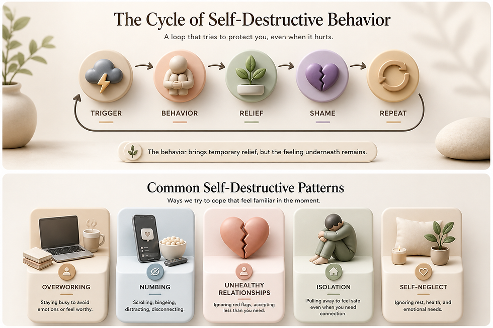 self destructive behavior cycle and common patterns like overworking numbing isolation and self neglect explained visually