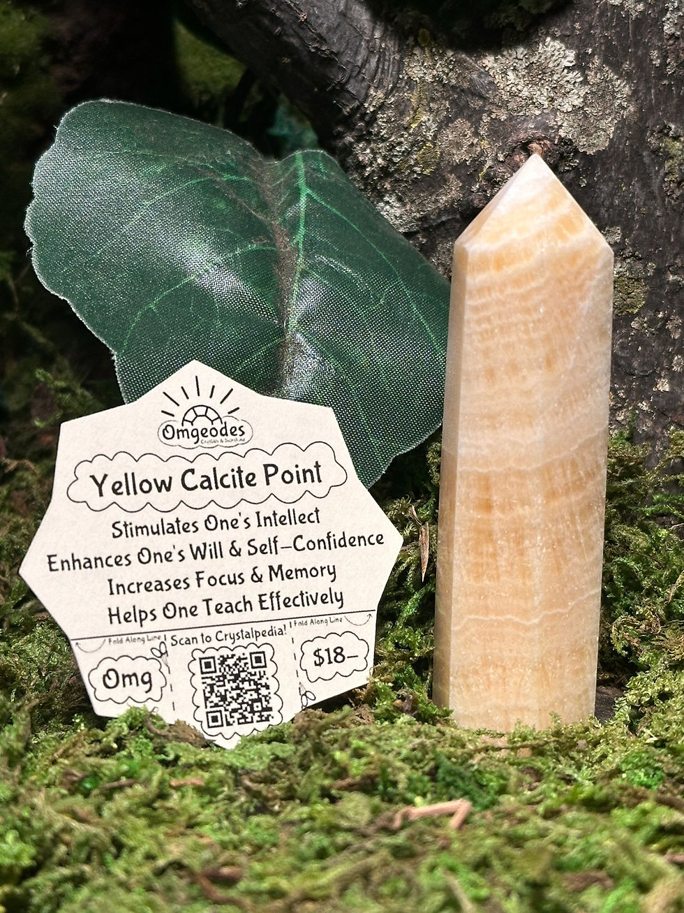 Yellow Calcite Point with Omgeodes Meaning Tag