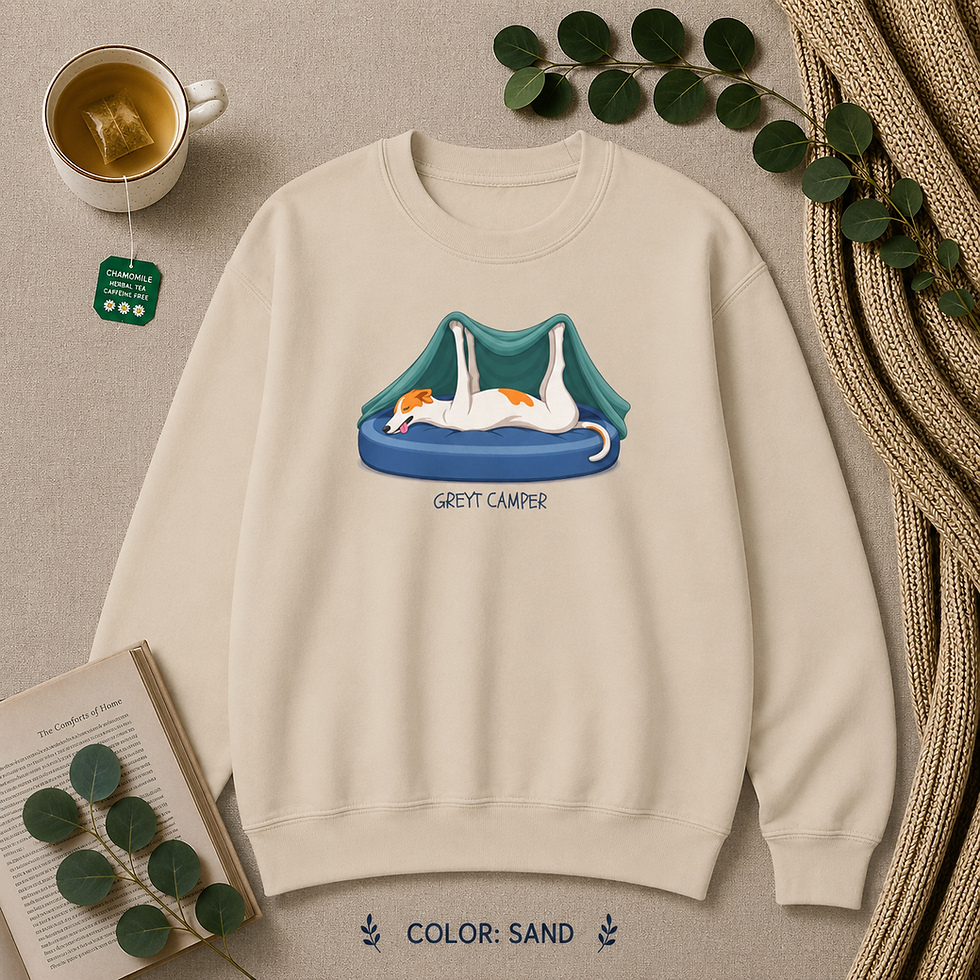 Thumbnail: Sand Gildan 18000 sweatshirt laid flat featuring the "Greyt Camper" design.