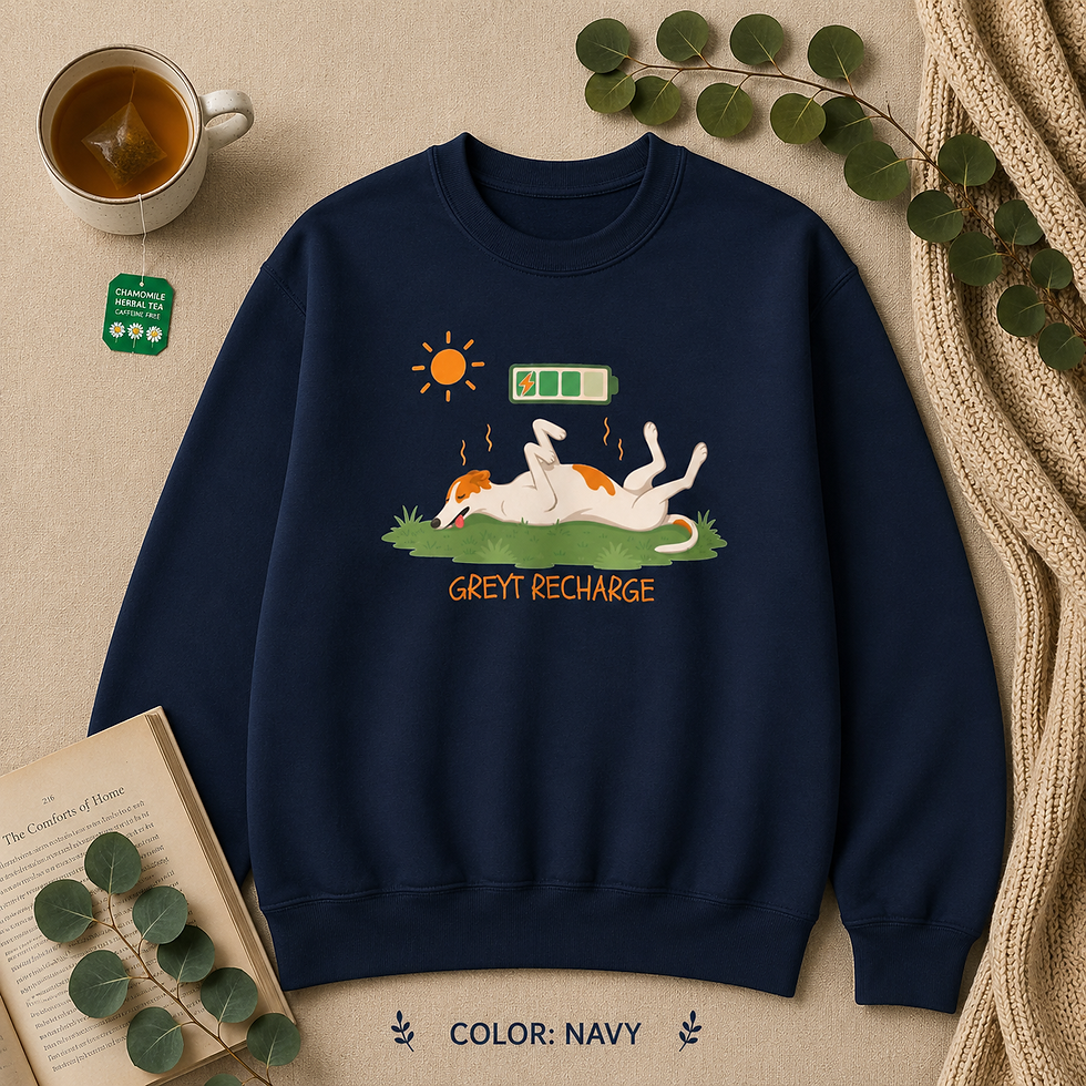 Thumbnail: Navy Gildan 18000 sweatshirt laid flat featuring the "Greyt Recharge" whippet and greyhound design.