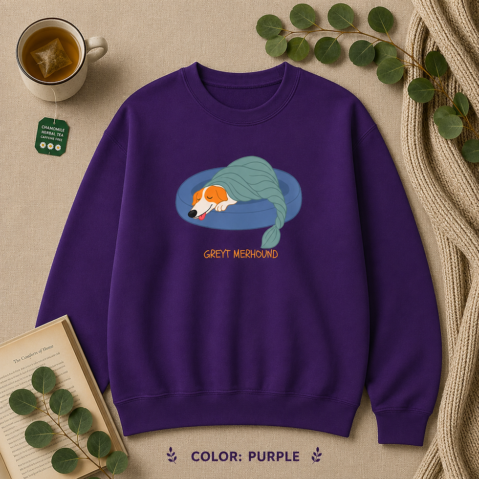 Thumbnail: Purple Gildan 18000 sweatshirt laid flat featuring the "Greyt Merhound" design.