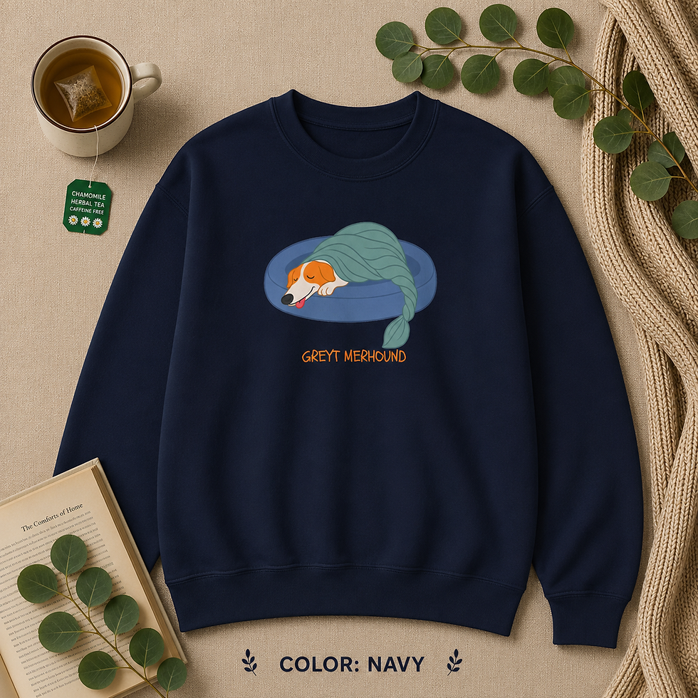 Thumbnail: Navy Gildan 18000 sweatshirt laid flat featuring the "Greyt Merhound" design.