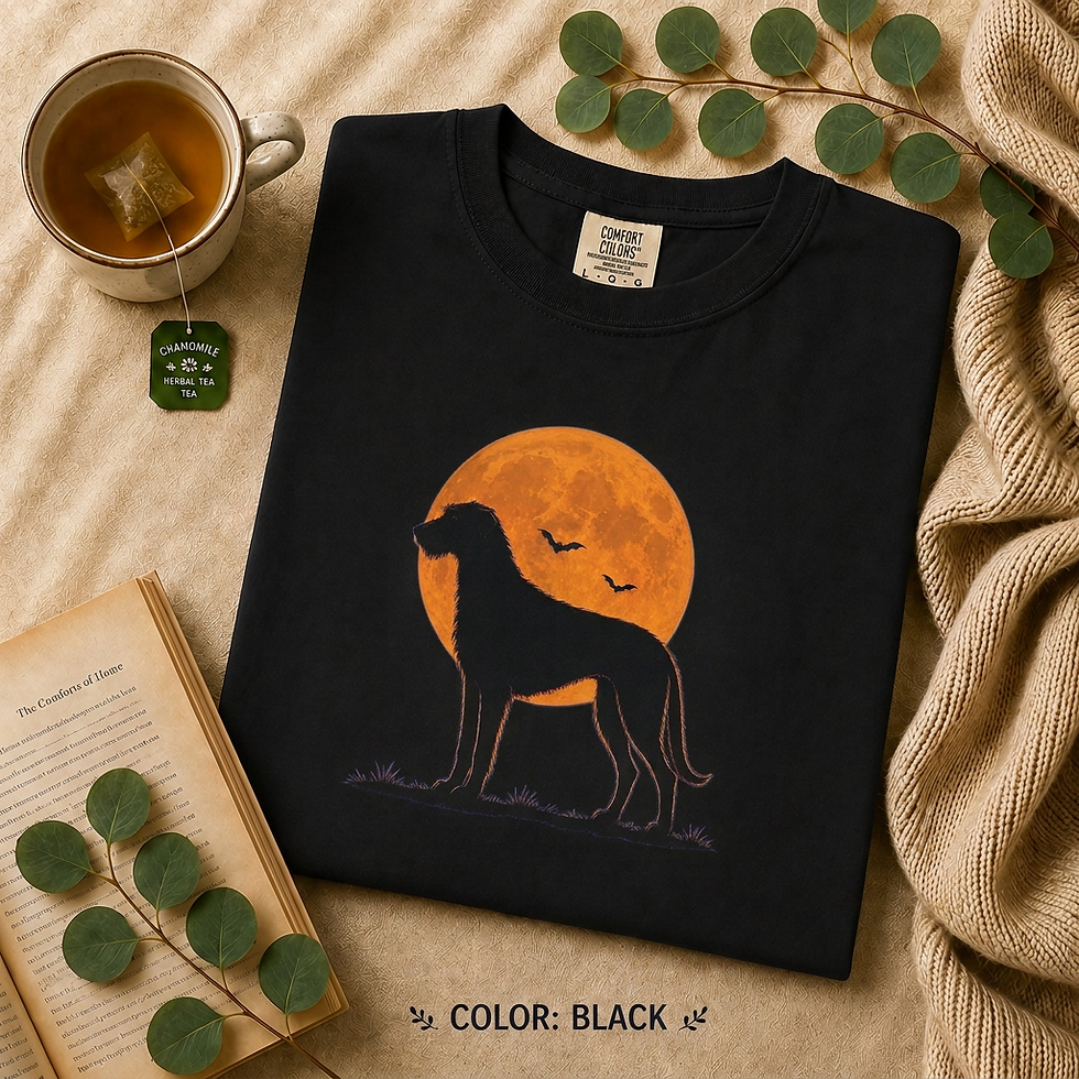 Thumbnail: Black Moonlit Wolfhound Comfort Colors tee featuring an Irish Wolfhound silhouette against an orange moon.