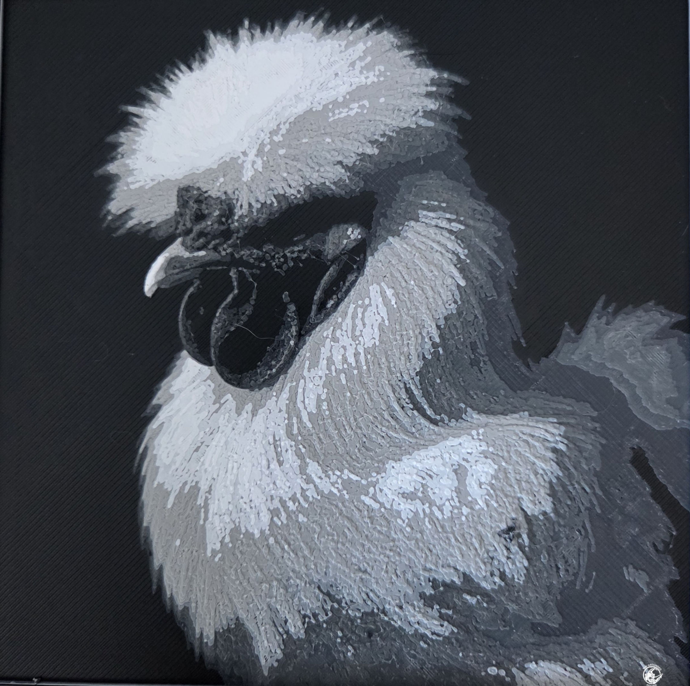 3D Layered relief artwork of a Silkie Chicken titled "Down and Shadow".