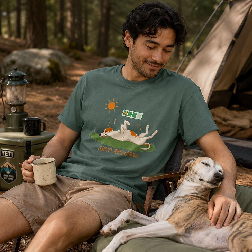 Thumbnail: Man relaxing at campsite wearing "Greyt Recharge" Tee with a whippet basking next to him.