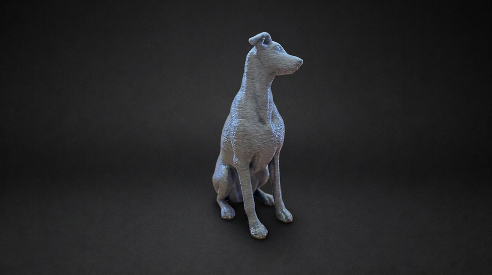 Side view of the Fuzzy Skin "Say What?" greyhound and whippet figurine on a black background.