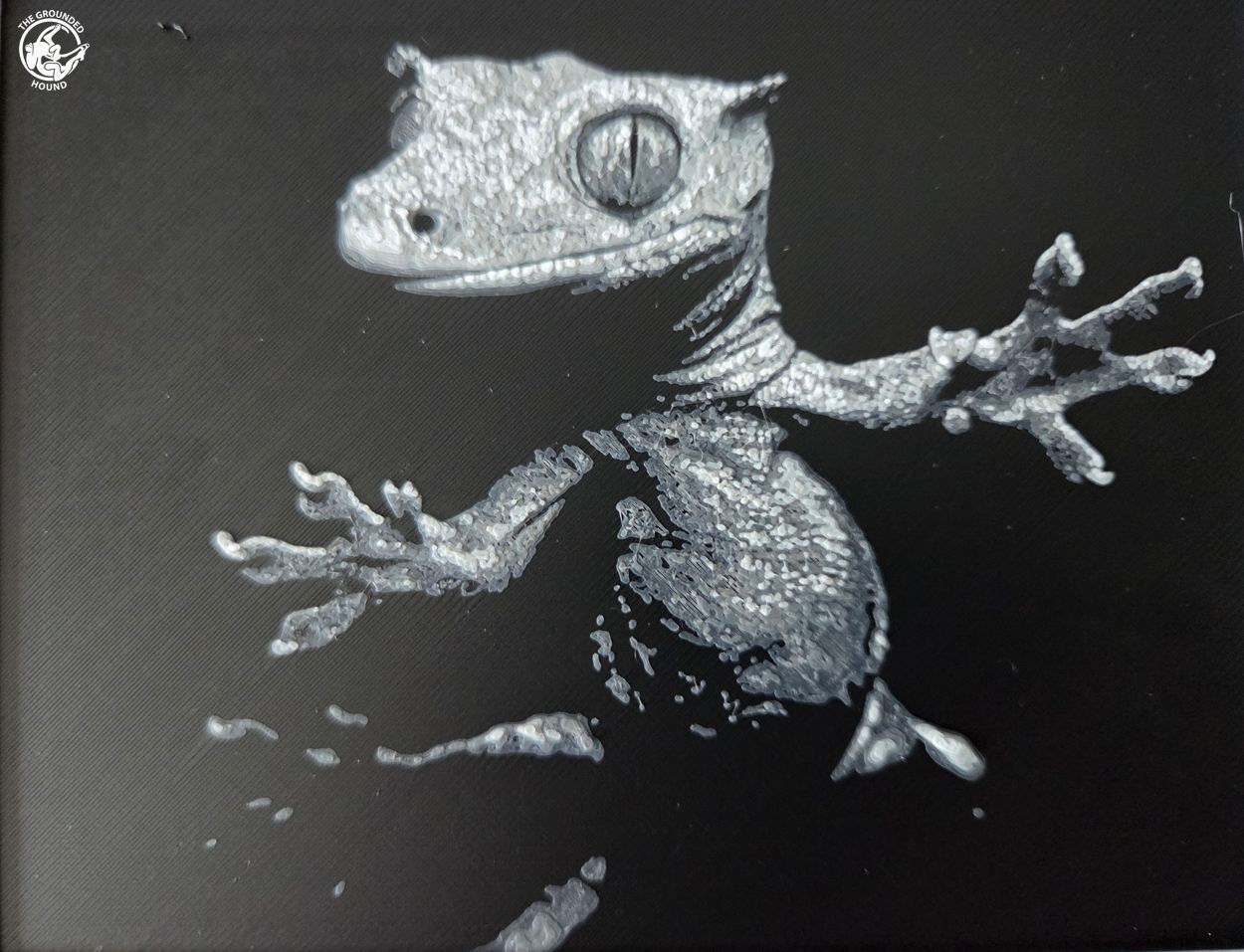 3D Layered relief artwork of a gecko titled "Through the Looking Glass".