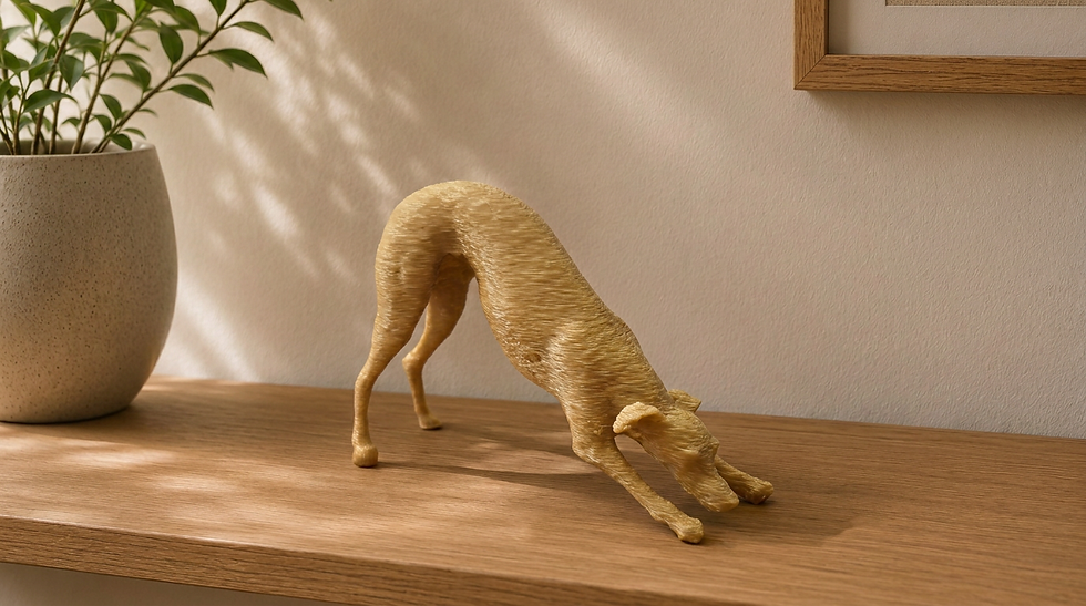 Thumbnail: Fuzzy Skin greyhound and whippet figurine displayed on a wooden shelf in a sunlit home interior.