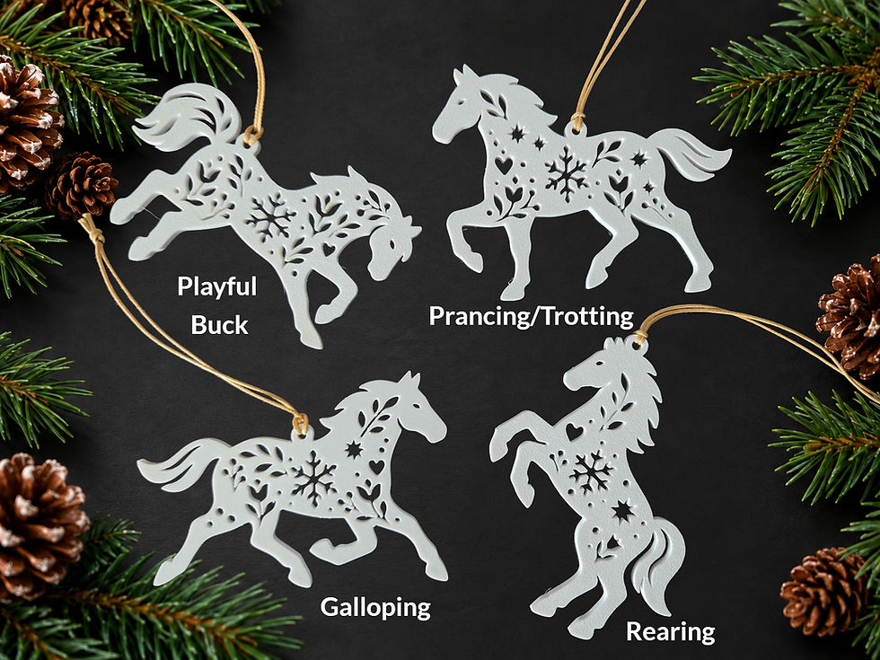 Four white Nordic horse Christmas ornaments labeled Playful Buck, Prancing/Trotting, Galloping and Rearing.