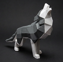Geometric wolf magnetic puzzle in the Slate color displayed on a dark charcoal studio background.