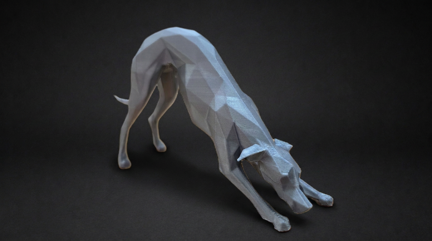Low Poly greyhound and whippet figurine in a stretching pose on a black studio background.