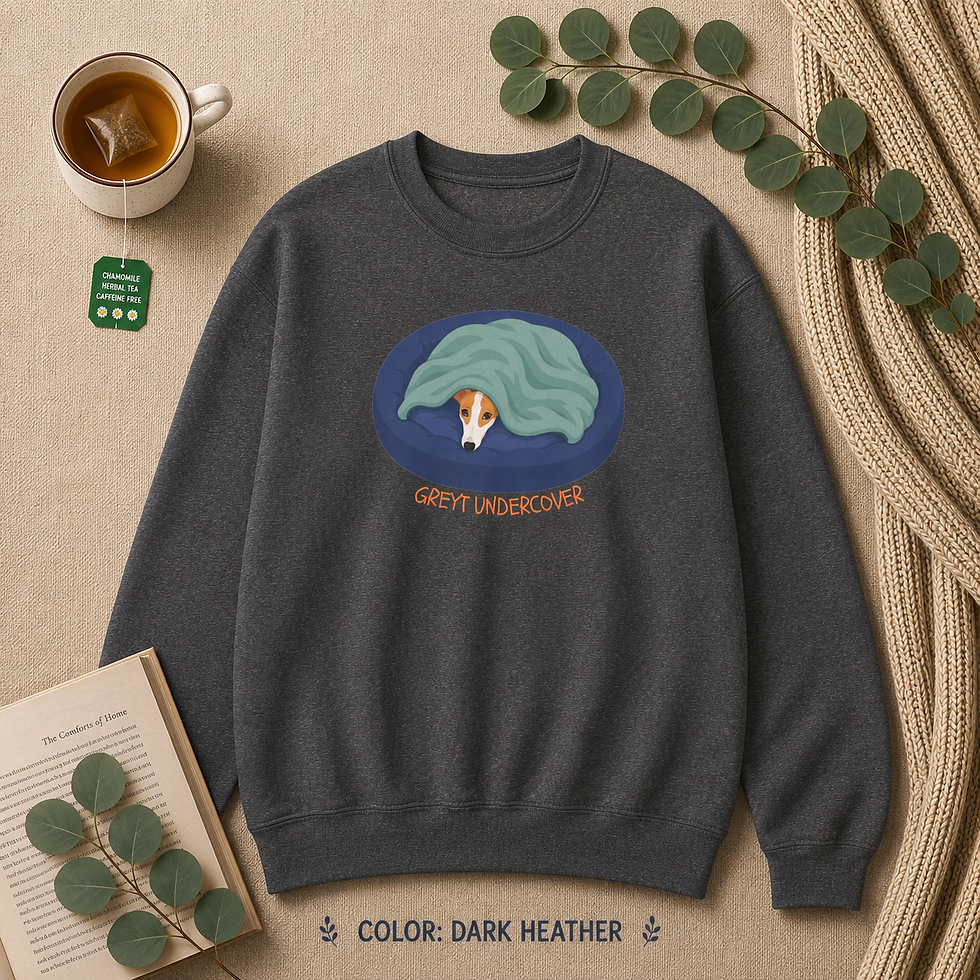 Thumbnail: Dark Heather Gildan 18000 sweatshirt laid flat featuring the "Greyt Undercover" whippet and greyhound design.