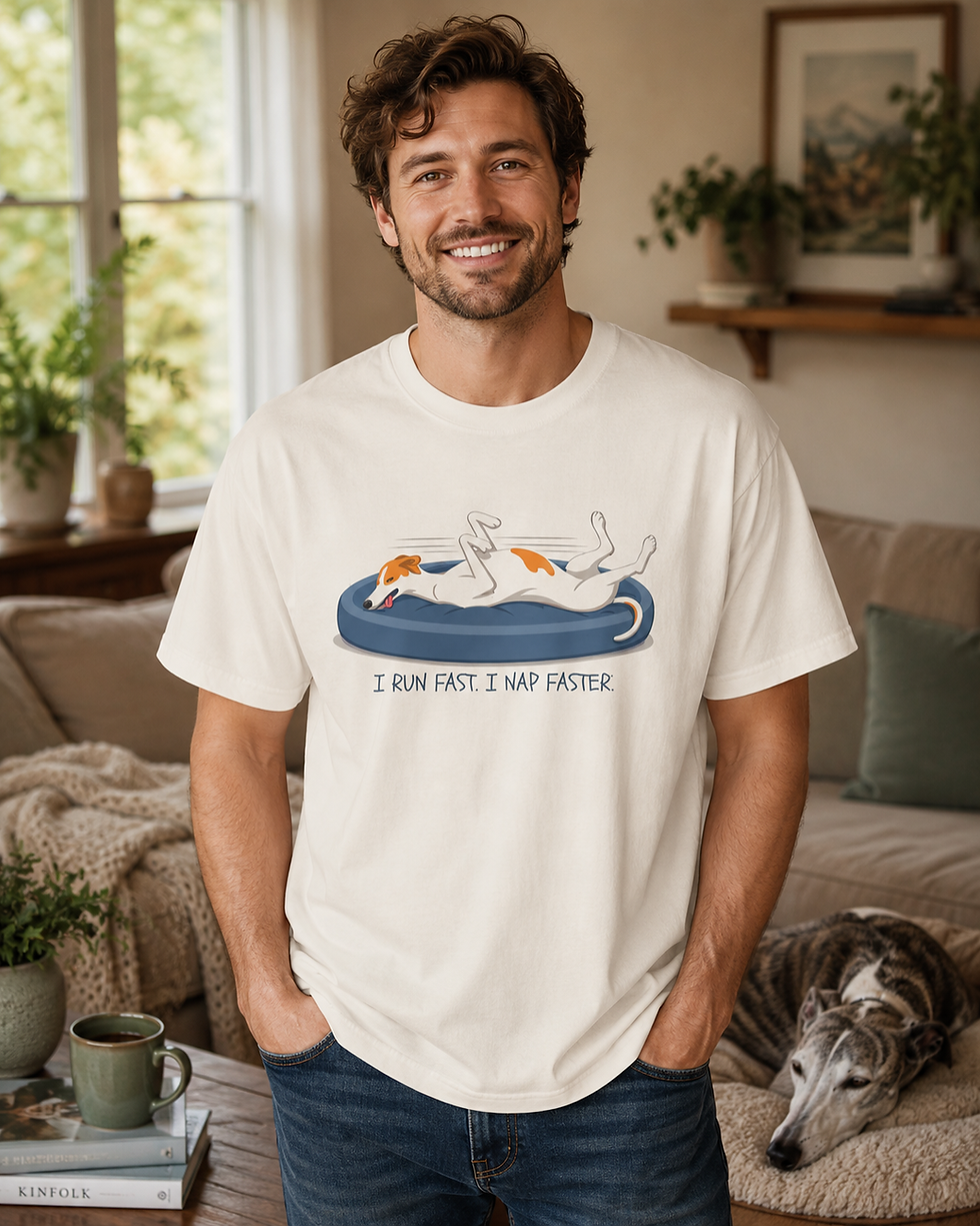 Thumbnail: Man in his living room wearing the "I run fast. I nap faster." tee.