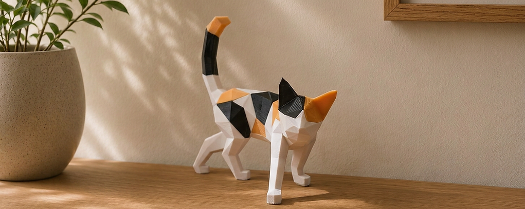 Calico cat magnetic puzzle displayed on a warm oak tabletop in soft natural light.