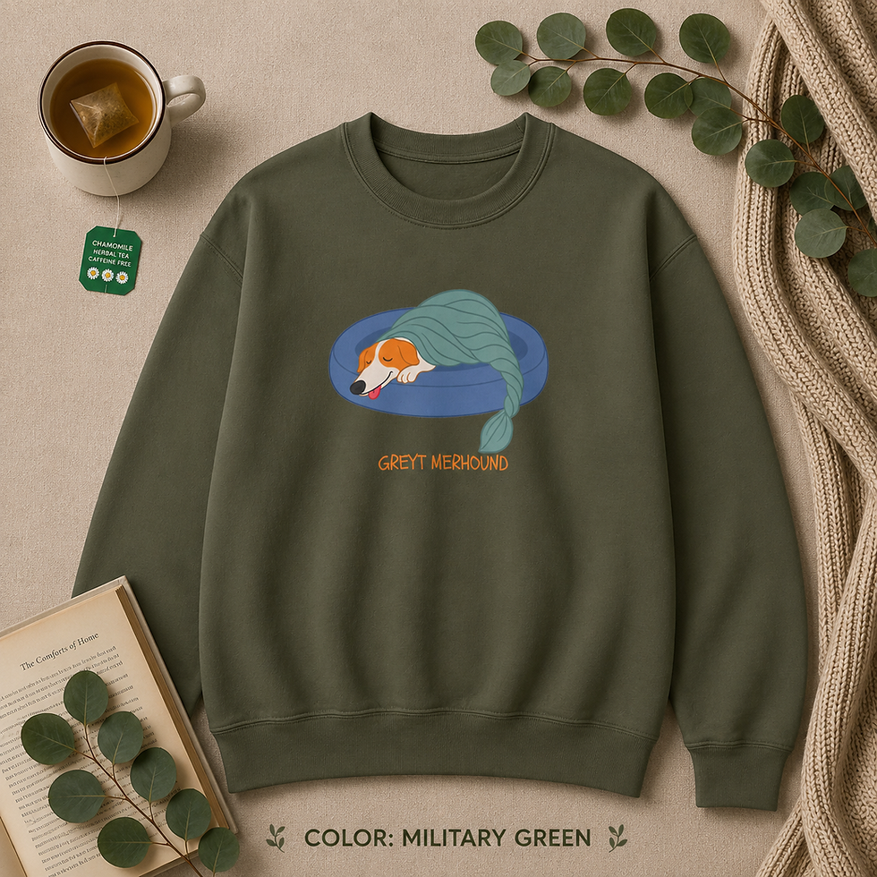 Thumbnail: Military Green Gildan 18000 sweatshirt laid flat featuring the "Greyt Merhound" design.