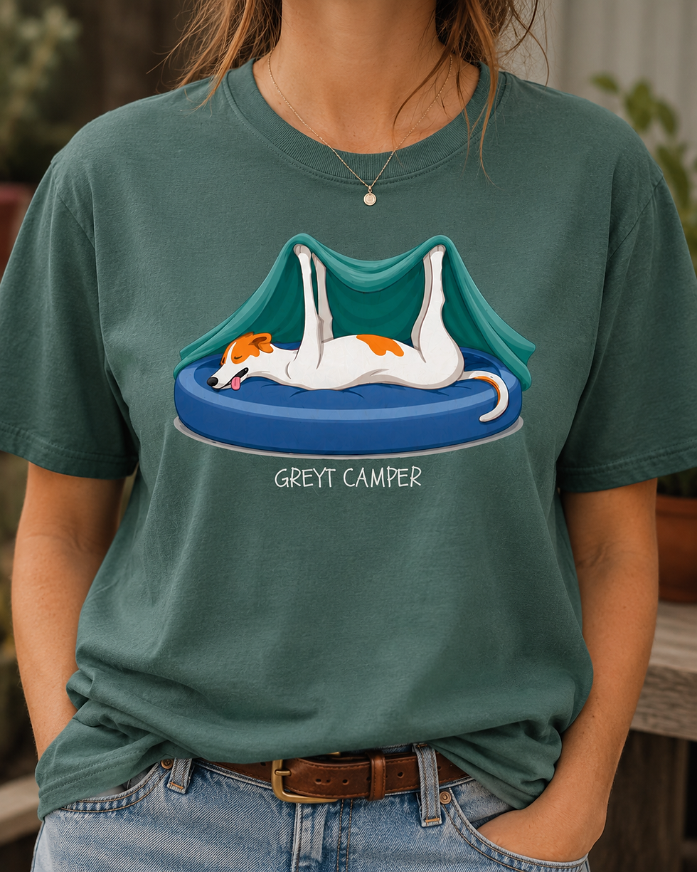 Close up of "Greyt Camper" Greyhound and whippet illustration printed on Comfort Colors 1717 Tee.
