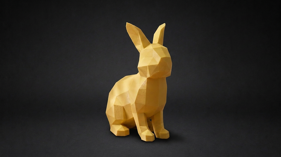 Yellow low poly rabbit figurine by Manabun Lab on a black background