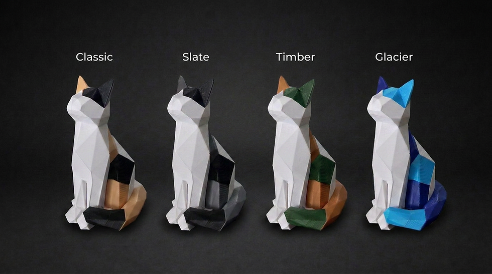 Thumbnail: Four geometric sitting cat magnetic puzzles displayed side by side in the Classic, Slate, Timber, and Glacier signature color