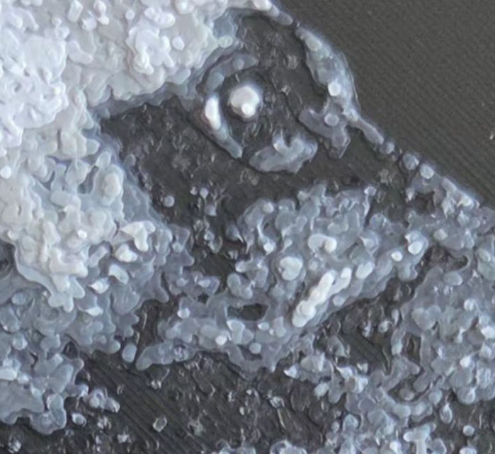Close-up showing the 3D layered texture of the "Squirrel Sighted" 3D relief artwork.