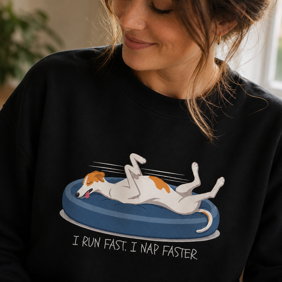 Close up of "I run fast. I nap faster." greyhound and whippet illustration printed on Gildan 18000 sweatshirt.