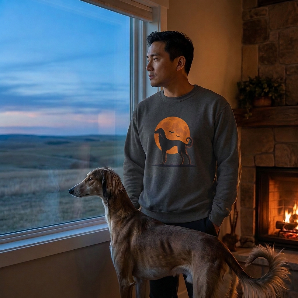 Asian man wearing the "Moonlit Saluki" sweatshirt beside a Saluki, looking out a window at blue hour near a fireplace.
