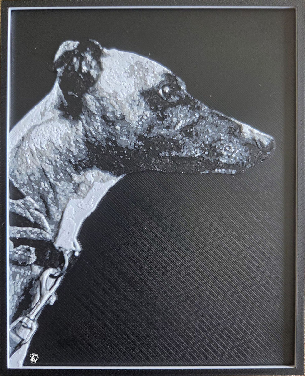 3D Layered relief artwork of a whippet titled "Squirrel Sighted".