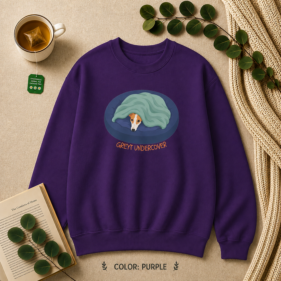 Thumbnail: Purple Gildan 18000 sweatshirt laid flat featuring the "Greyt Undercover" whippet and greyhound design.