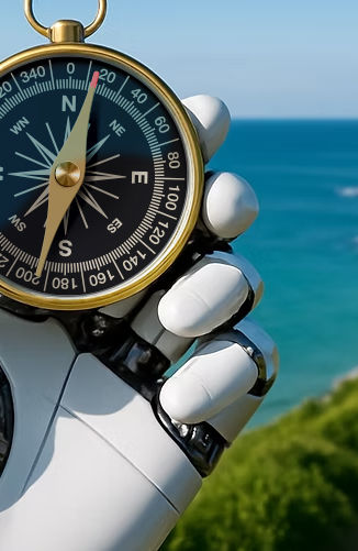 Robot hand holding compass near the shore