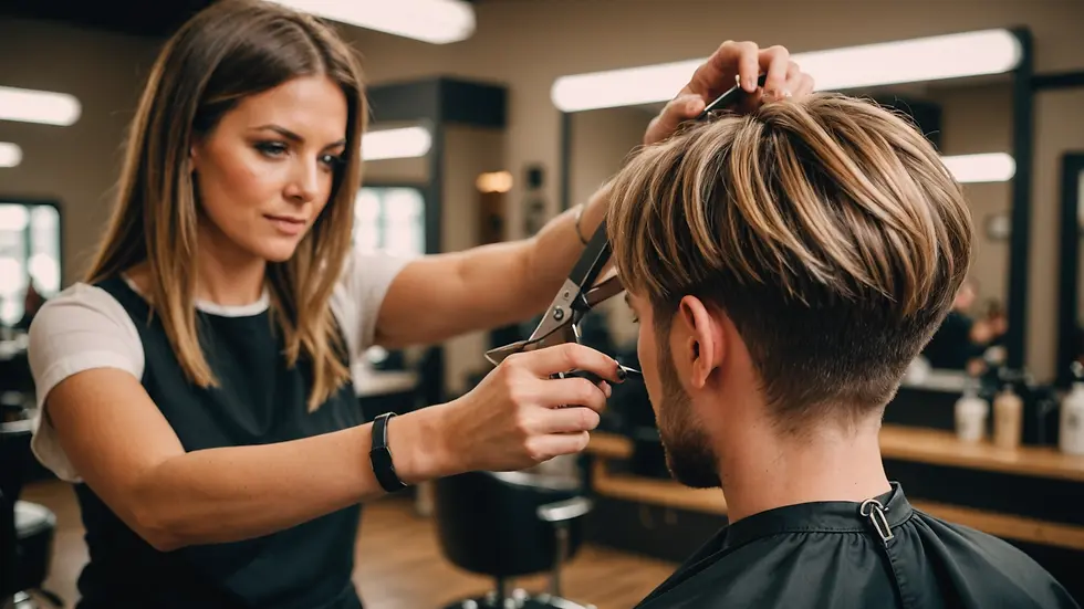 Eye-level view of a hairstylist cutting hair