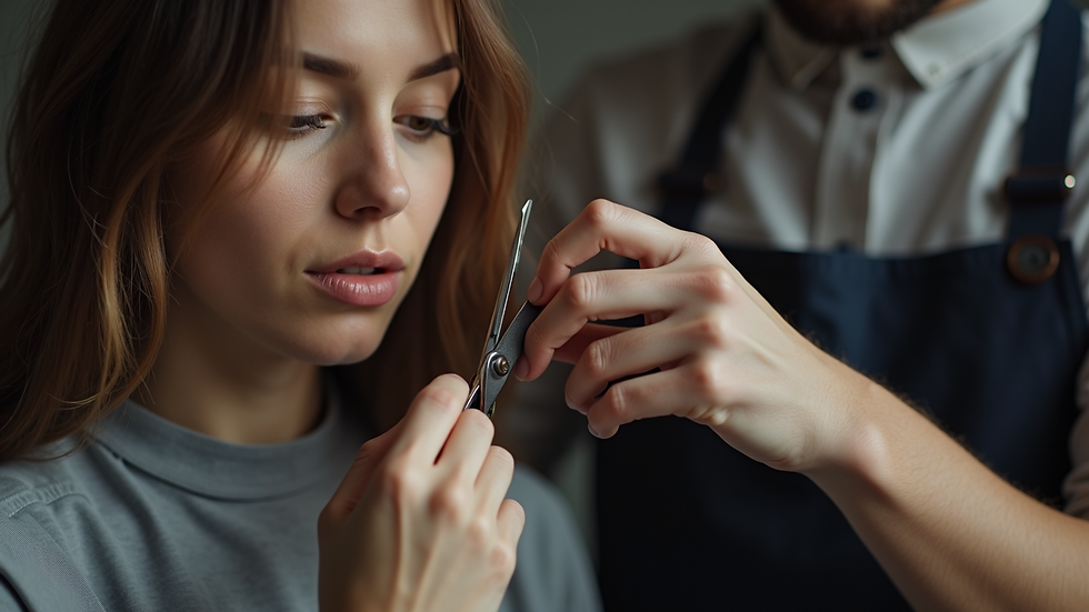 Close-up of a stylist carefully cutting hair with scissors