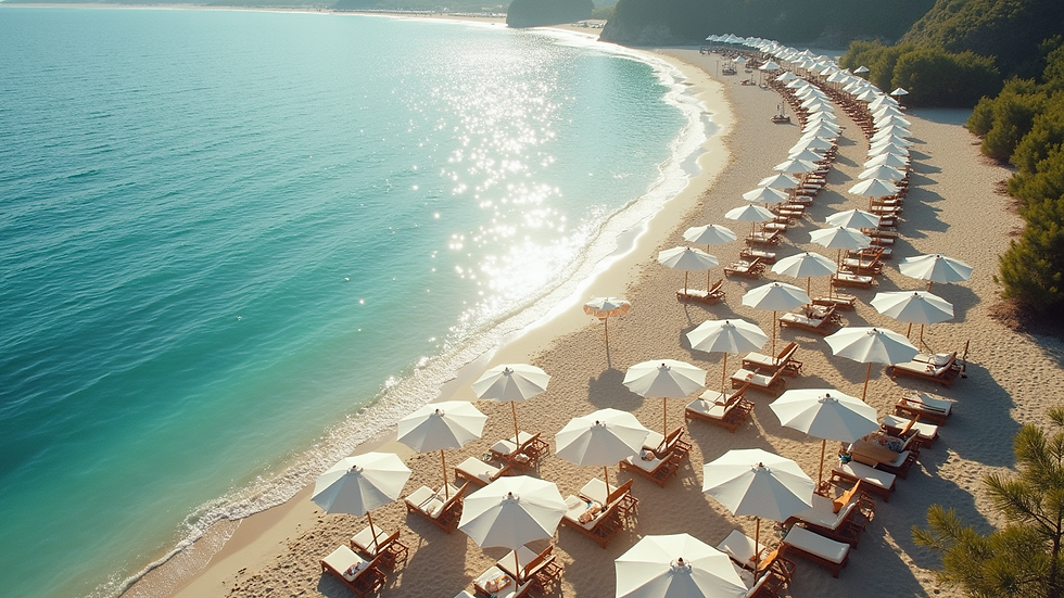High angle view of a beach resort with sun umbrellas and lounge chairs
