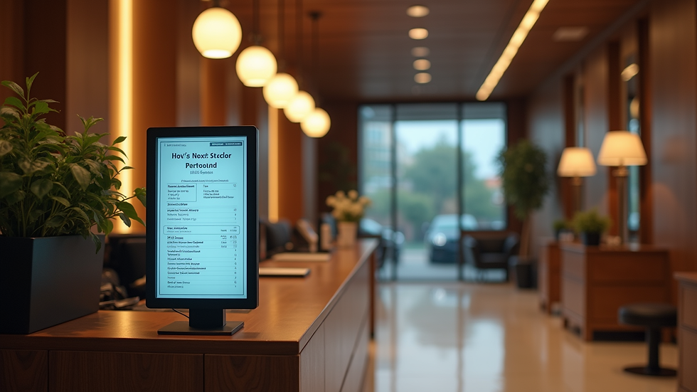 Eye-level view of hotel front desk with digital pricing board