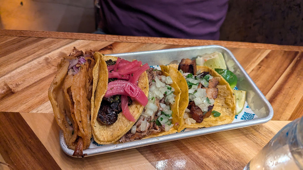 Birria Taco, Carnitas Tacos, and Steak Taco