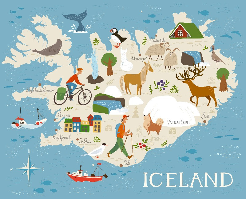 Mapa de Islandia con dibujos representado lo tradicional del país