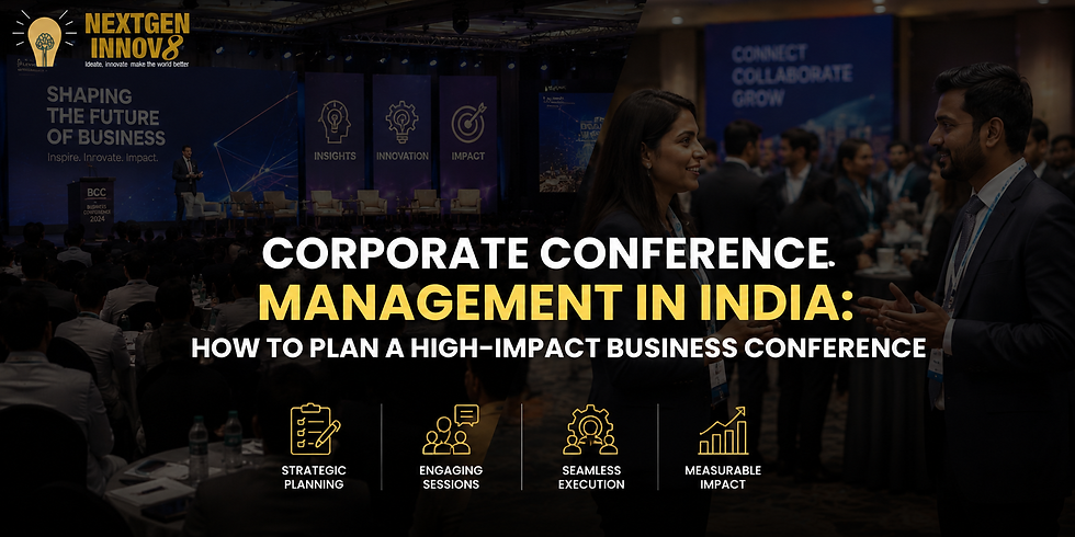 Corporate conference scene with speaker on stage and attendees networking; bold text reads Management in India and High-Impact Business Conference