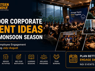 Promotional poster for NextGen Innov8: Indoor corporate event ideas for monsoon season, with team activities, talks, and employee engagement.