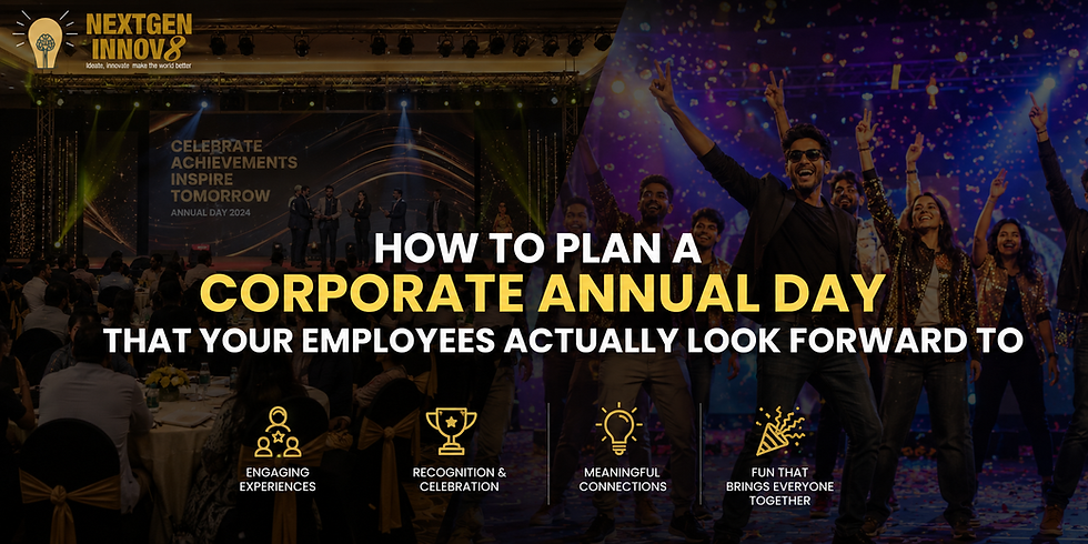 Business conference networking in a ballroom; stage banner reads How to choose the best corporate event management company in Bangalore?