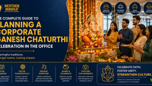 Corporate Ganesh Chaturthi office poster with smiling employees praying beside a decorated Ganesha idol and festive lights.