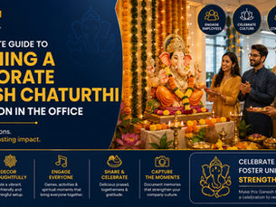 Corporate Ganesh Chaturthi office poster with smiling employees praying beside a decorated Ganesha idol and festive lights.
