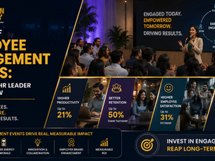 Infographic on employee engagement events, showing a speaker to audience and stats on productivity, retention, satisfaction, ROI.
