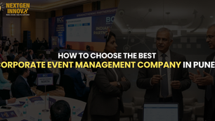 Business event in a conference room with people in formal attire. Text reads "How to Choose the Best Corporate Event Management Company in Pune?"
