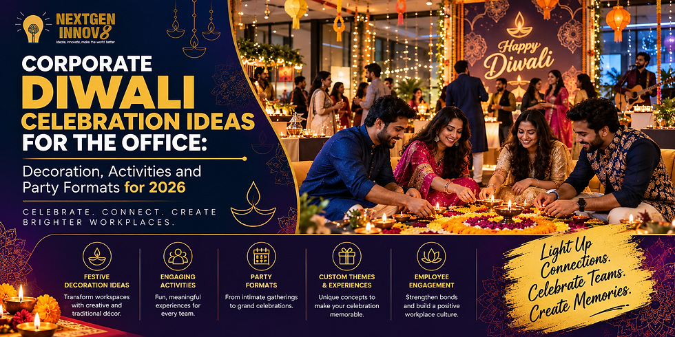 Corporate Diwali celebration ideas poster with friends lighting diyas at a festive office party, Happy Diwali text and warm lights.