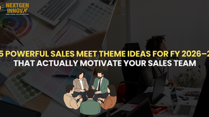 Business meeting concept image with "25 Powerful Sales Meet Theme Ideas for FY 2026-27" text, showing diverse professionals at a table.