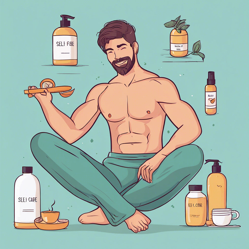 Man smiling, seated cross-legged amid self-care products. He holds a spoon with honey. Background is teal. Products labeled "Self Care."