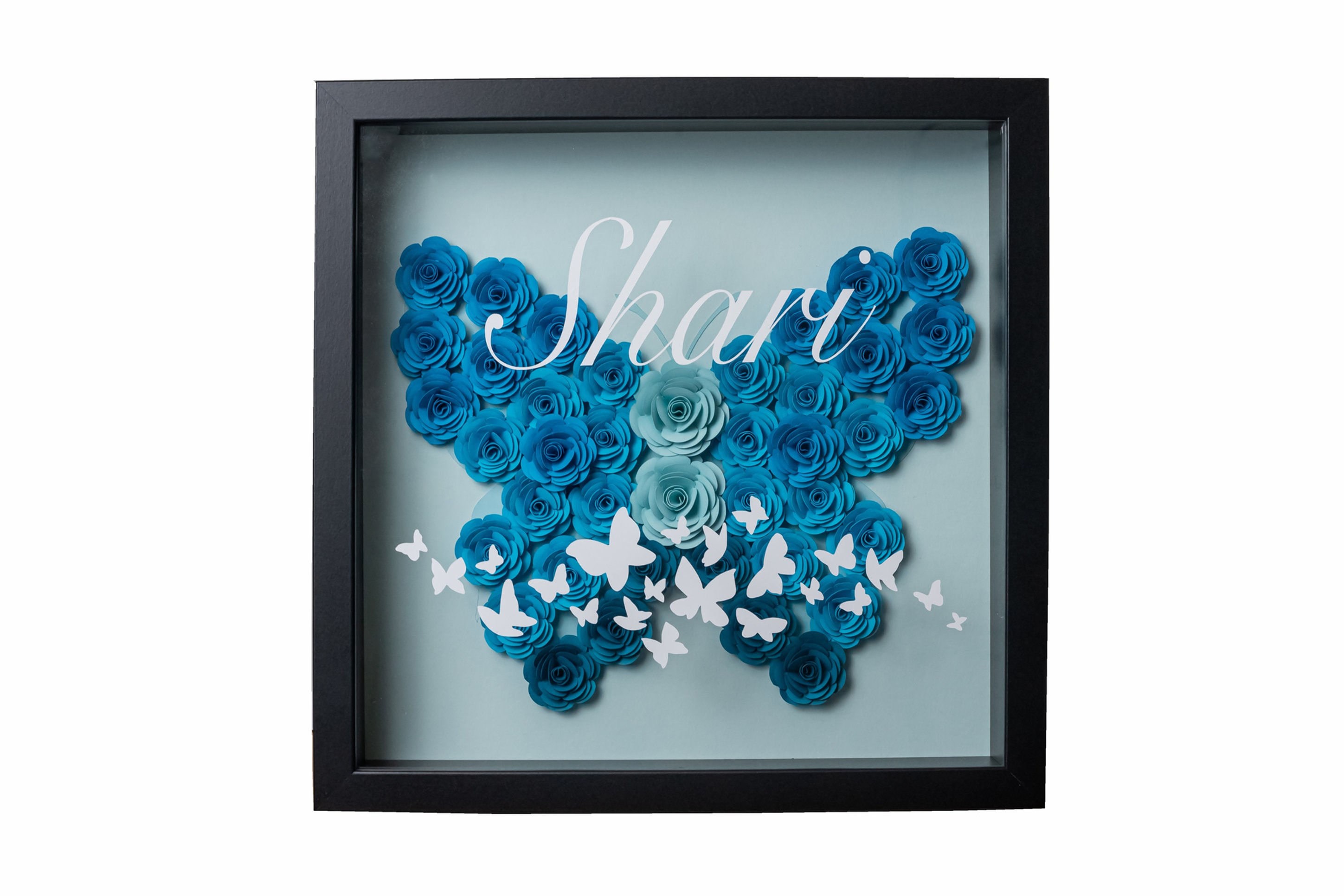Blue Butterfly Paper Flower in Shadow Box Frame