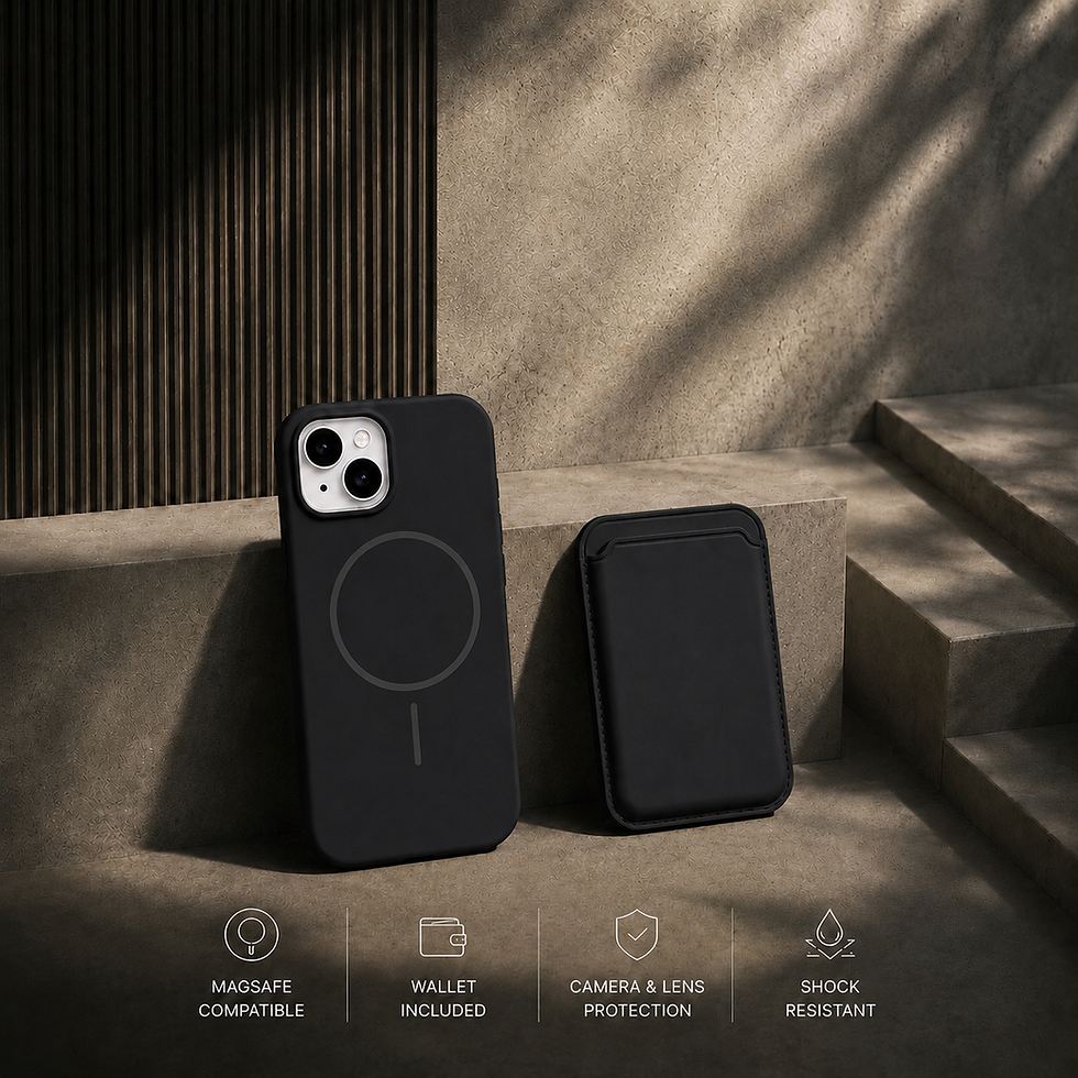iphone 14 magsafe silicone case in Midnight Black along with magsafe wallet.