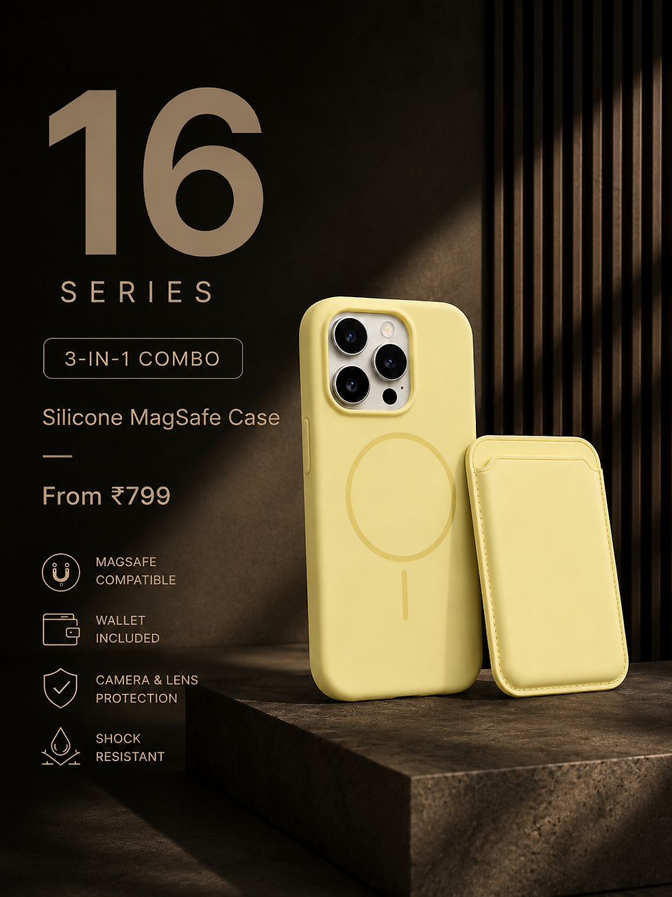 iphone 16 series 3 in 1 combo in butter yellow silicone magsafe case and magsafe wallet @ 799/