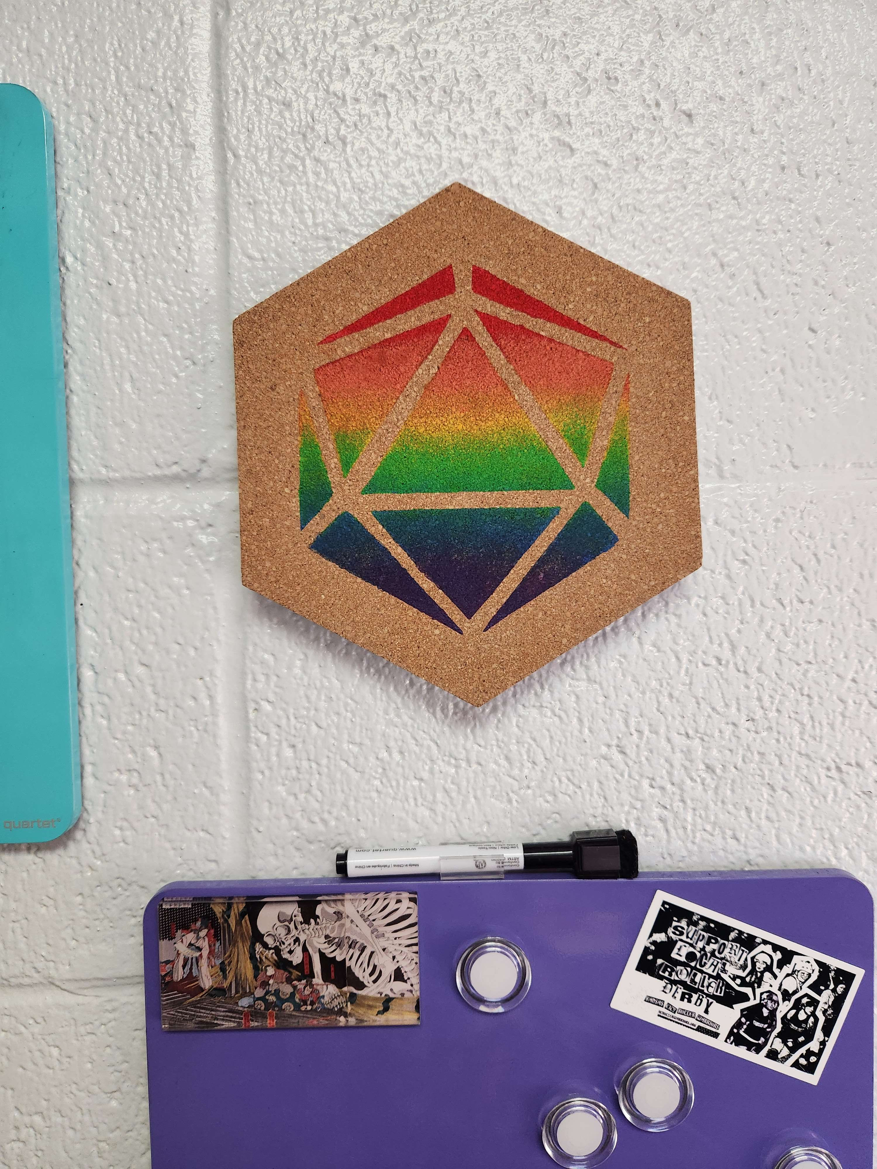 Pride D20 Corkboard: Painted dice wall cork board for gamers