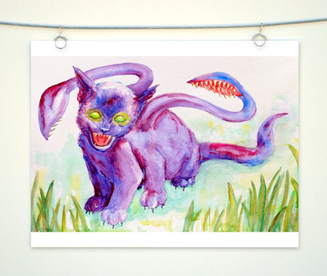 Displacer Kitten Watercolor Print, Dungeons and Dragons inspired mythical beast